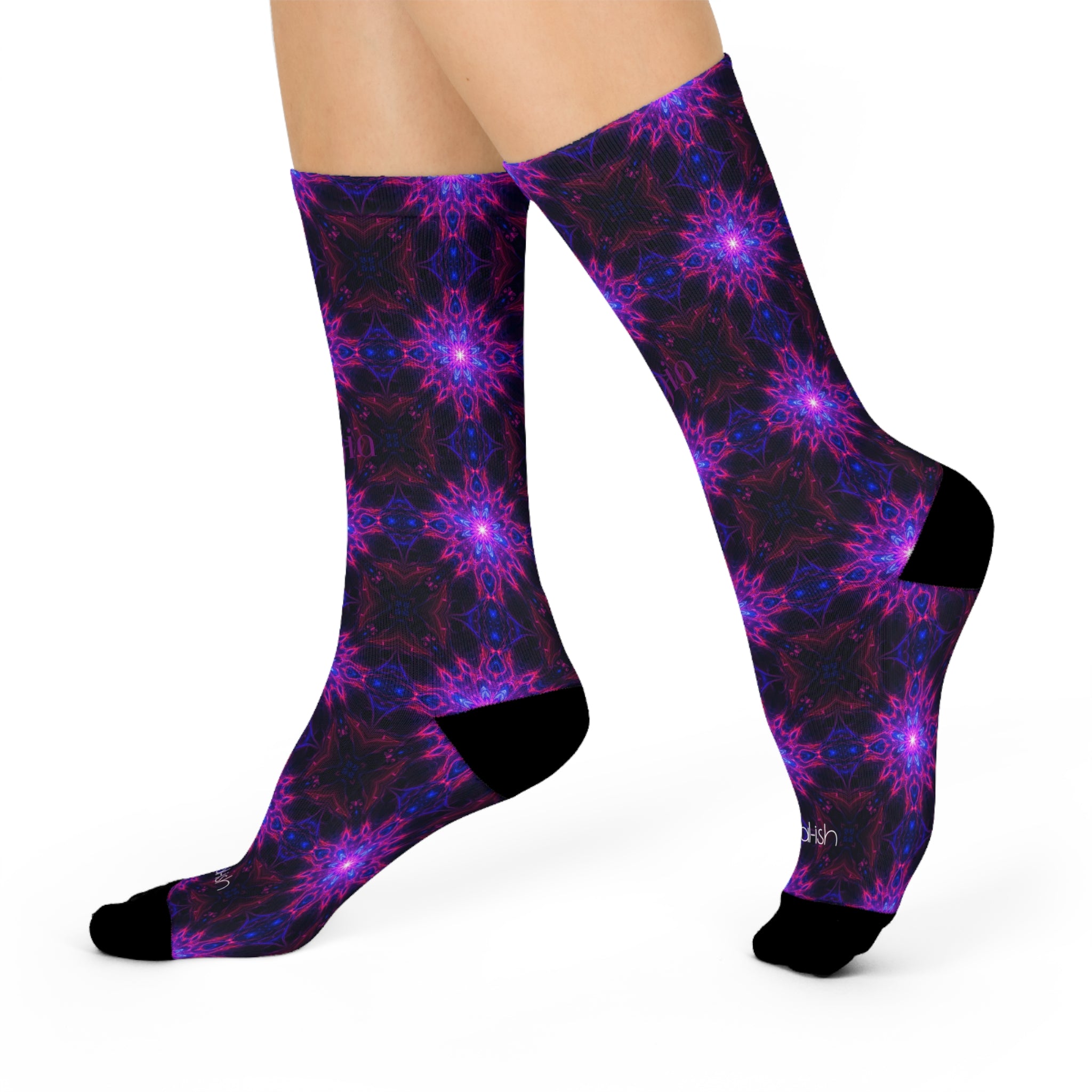 Purple Kaleidoscope Cushioned Crew Socks — Psychedelic Starburst Pattern Magick