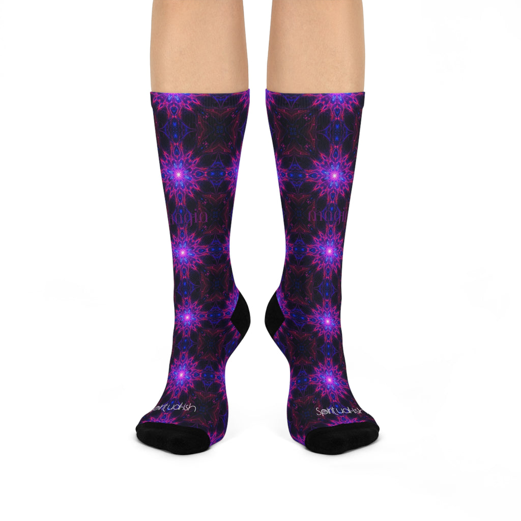 Purple Kaleidoscope Cushioned Crew Socks — Psychedelic Starburst Pattern Magick